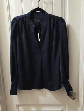 Banana Republic Dark Navy Mandarin Collar Pleated Long-Sleeve Blouse